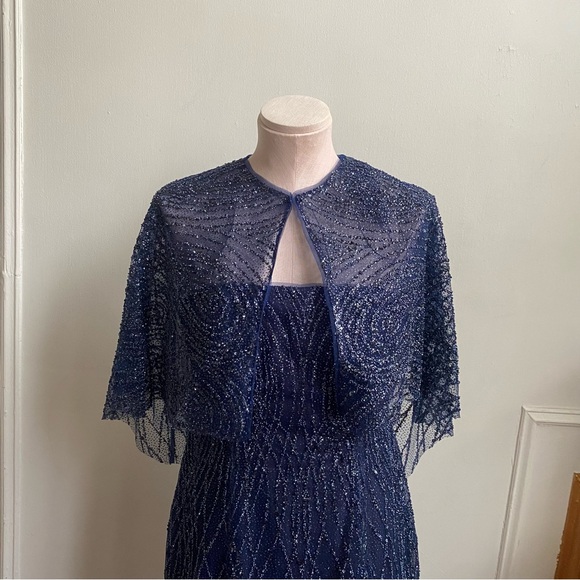 Marchesa Notte Navy Sequin Gown with Cape - Picture 5 of 16